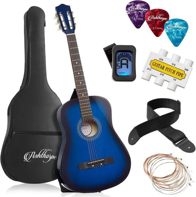 Main image of Ashthorpe 38-inch Beginner Acoustic Guitar Package (Blue), Basic Starter Kit w/ Gig Bag, Strings, Strap, Tuner, Pitch Pipe, Picks