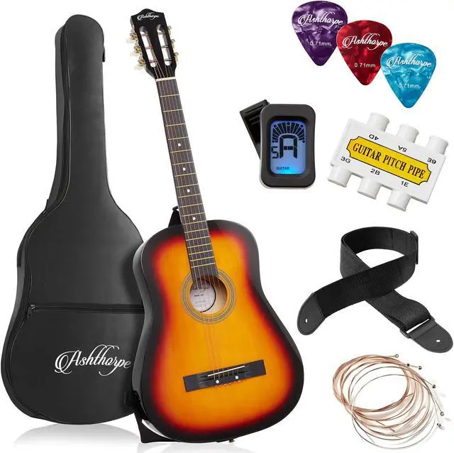 Main image of Ashthorpe 38-inch Beginner Acoustic Guitar Package (Sunburst), Basic Starter Kit w/ Gig Bag, Strings, Strap, Tuner, Pitch Pipe, Picks