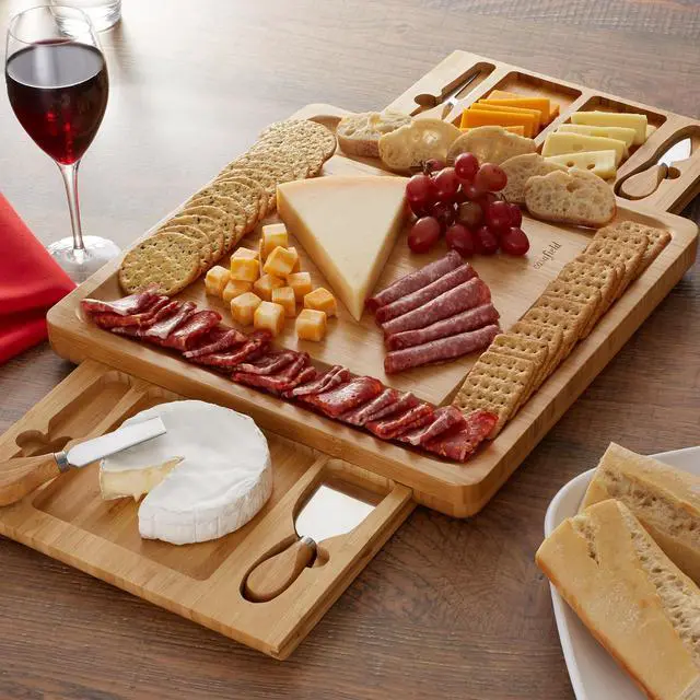 Alt view image 6 of 6 - Casafield Bamboo Cheese Board Gift Set, Charcuterie Board Serving Platter with Stainless Steel Knives for Entertaining, Birthdays, Weddings