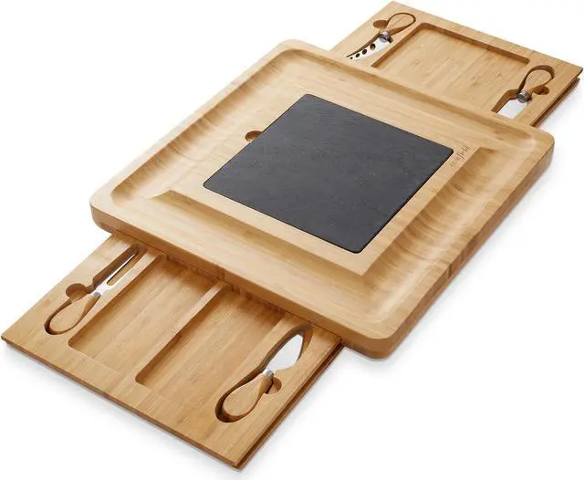 Alt view image 2 of 6 - Casafield Charcuterie Board Gift Set, Bamboo Cheese Board with Slate Cheese Plate and Knives, Wooden Serving Platter for Housewarming, Wedding, Birthday