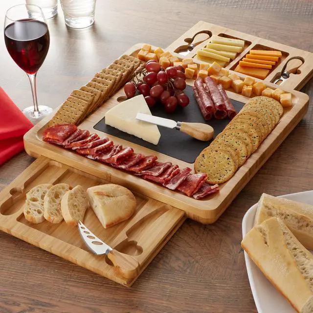 Alt view image 6 of 6 - Casafield Charcuterie Board Gift Set, Bamboo Cheese Board with Slate Cheese Plate and Knives, Wooden Serving Platter for Housewarming, Wedding, Birthday