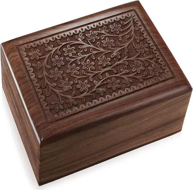 Alt view image 2 of 6 - Reminded Rosewood Hand-Carved Floral Urn Box - Cremation Memorial with Velvet Bag - Medium