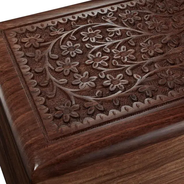 Alt view image 5 of 6 - Reminded Rosewood Hand-Carved Floral Urn Box - Cremation Memorial with Velvet Bag - Medium