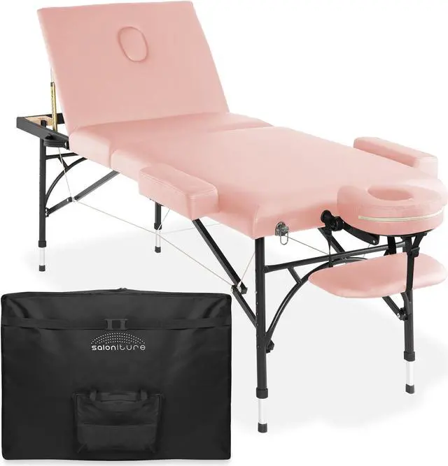 Main image of Saloniture Professional Portable Lightweight Tri-Fold Massage Table with Aluminum Legs - Includes Headrest, Face Cradle, Armrests and Carrying Case, Pink