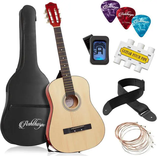 Main image of Ashthorpe 38-inch Beginner Acoustic Guitar Package (Natural), Basic Starter Kit w/ Gig Bag, Strings, Strap, Tuner, Pitch Pipe, Picks