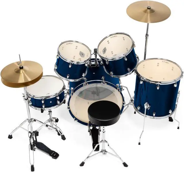 Alt view image 3 of 6 - Ashthorpe 5-Piece Full Size Adult Drum Set with Remo Heads & Premium Brass Cymbals - Complete Professional Percussion Kit with Chrome Hardware - Blue