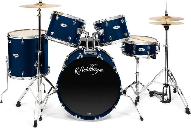 Alt view image 2 of 6 - Ashthorpe 5-Piece Full Size Adult Drum Set with Remo Heads & Premium Brass Cymbals - Complete Professional Percussion Kit with Chrome Hardware - Blue