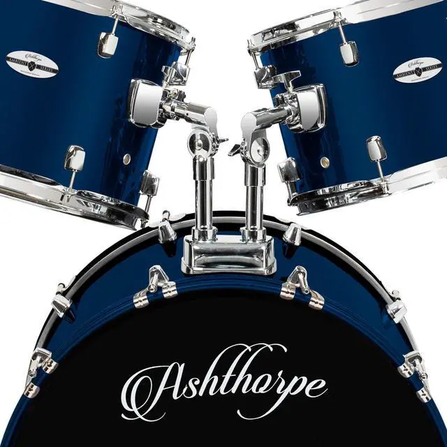 Alt view image 4 of 6 - Ashthorpe 5-Piece Full Size Adult Drum Set with Remo Heads & Premium Brass Cymbals - Complete Professional Percussion Kit with Chrome Hardware - Blue