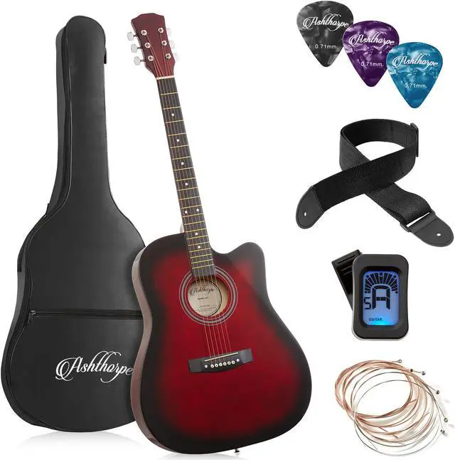 Main image of Ashthorpe 41-inch Beginner Cutaway Acoustic Guitar Package (Red), Full Size Basic Starter Kit w/ Gig Bag, Strings, Strap, Tuner, Picks
