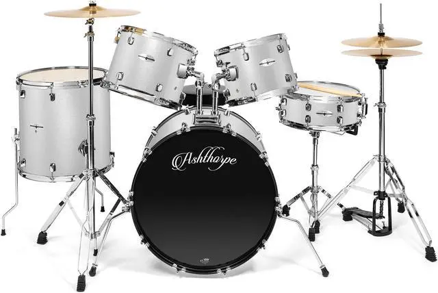 Alt view image 2 of 6 - Ashthorpe 5-Piece Full Size Adult Drum Set with Remo Heads & Premium Brass Cymbals - Complete Professional Percussion Kit with Chrome Hardware - Silver
