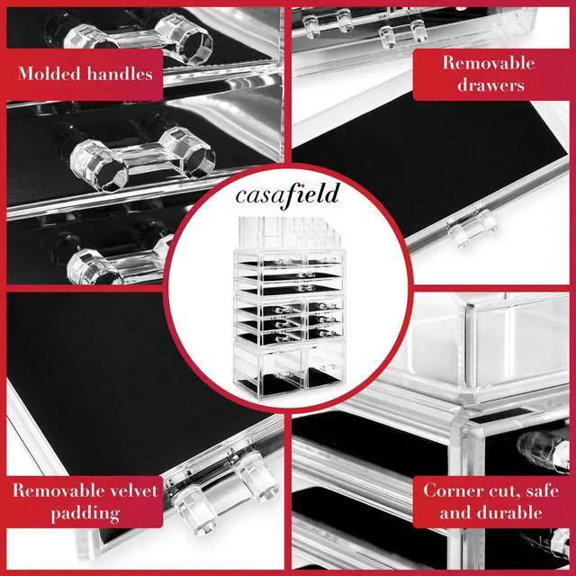 Alt view image 4 of 7 - Casafield Acrylic Cosmetic Makeup Organizer & Jewelry Storage Display Case - Large 16 Slot, 2 Box & 10 Drawer Set - Clear