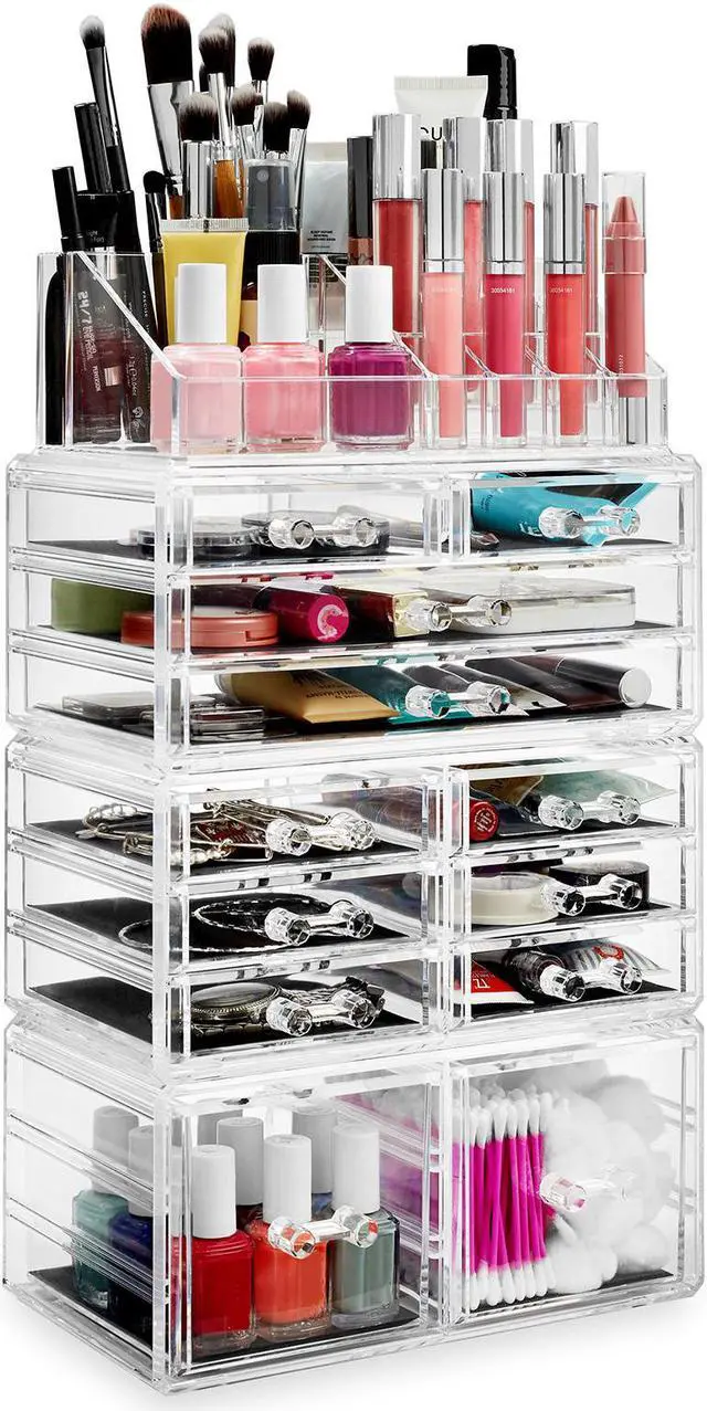 Alt view image 3 of 7 - Casafield Acrylic Cosmetic Makeup Organizer & Jewelry Storage Display Case - Large 16 Slot, 2 Box & 10 Drawer Set - Clear