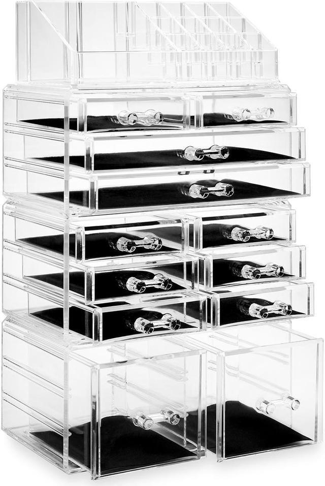 Casafield Acrylic Cosmetic Makeup Organizer & Jewelry Storage Display Case  - Large 16 Slot, 2 Box & 10 Drawer Set - Clear 