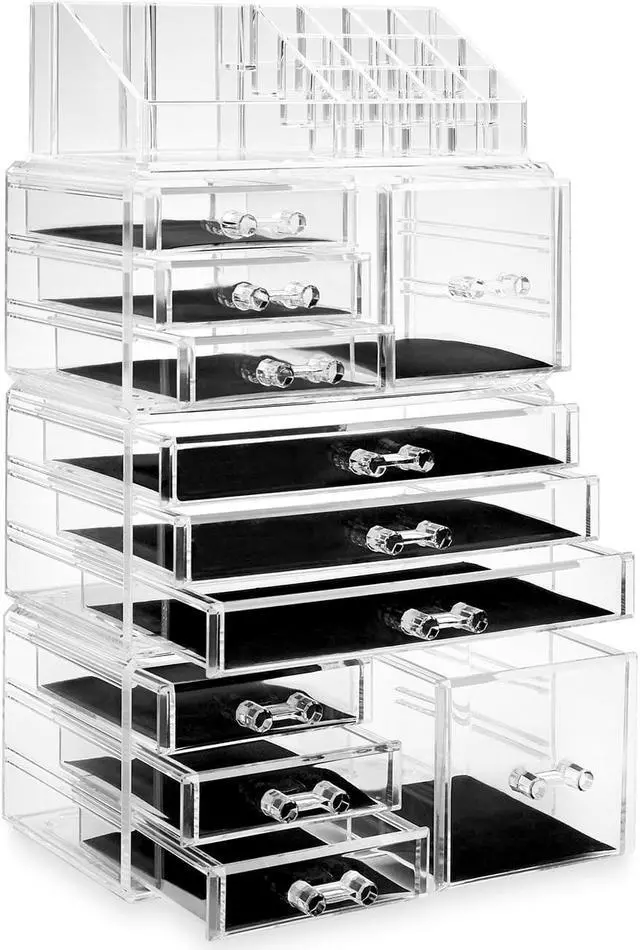 Alt view image 2 of 7 - Casafield Acrylic Cosmetic Makeup Organizer & Jewelry Storage Display Case - Large 16 Slot, 2 Box & 9 Drawer Set - Clear