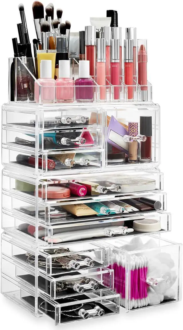 Alt view image 3 of 7 - Casafield Acrylic Cosmetic Makeup Organizer & Jewelry Storage Display Case - Large 16 Slot, 2 Box & 9 Drawer Set - Clear