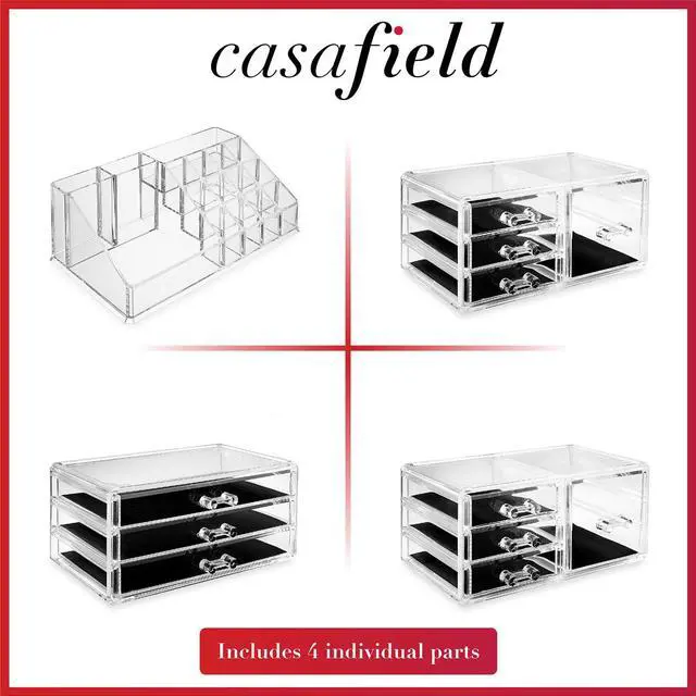 Alt view image 5 of 7 - Casafield Acrylic Cosmetic Makeup Organizer & Jewelry Storage Display Case - Large 16 Slot, 2 Box & 9 Drawer Set - Clear