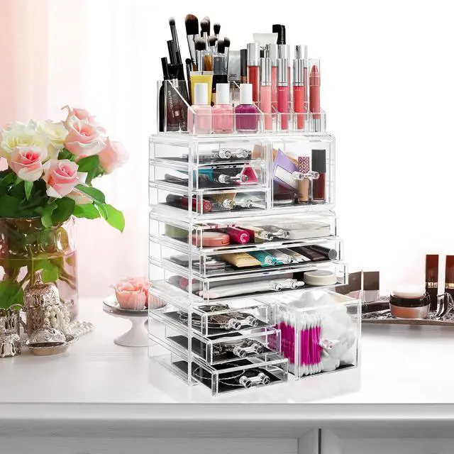 Alt view image 6 of 7 - Casafield Acrylic Cosmetic Makeup Organizer & Jewelry Storage Display Case - Large 16 Slot, 2 Box & 9 Drawer Set - Clear