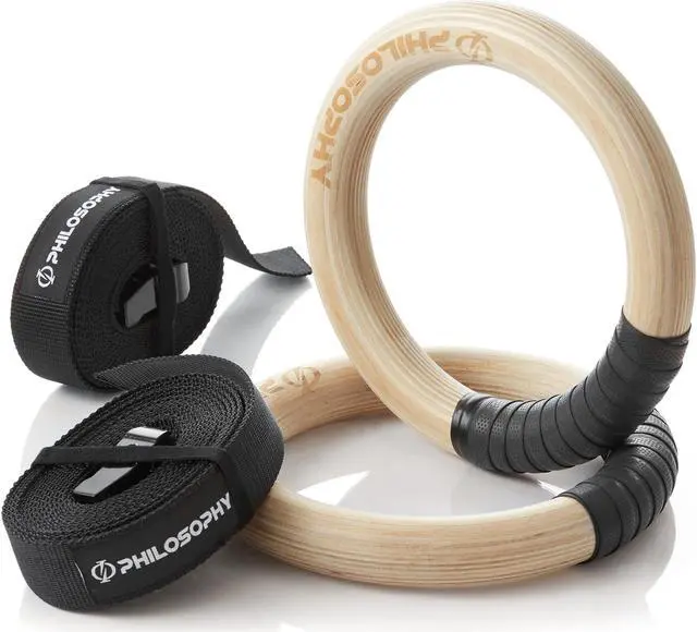 Main image of Philosophy Gym Wood Gymnastic Rings 1.25" Grip - Exercise Ring Set with Adjustable Straps, Grip Tape for Pull Ups, Dips, Muscle Ups