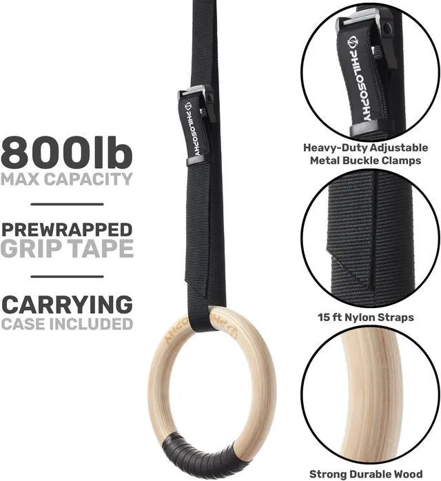 Alt view image 3 of 5 - Philosophy Gym Wood Gymnastic Rings 1.25" Grip - Exercise Ring Set with Adjustable Straps, Grip Tape for Pull Ups, Dips, Muscle Ups