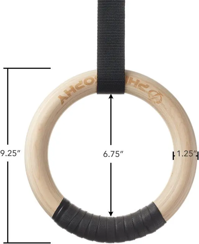 Alt view image 4 of 5 - Philosophy Gym Wood Gymnastic Rings 1.25" Grip - Exercise Ring Set with Adjustable Straps, Grip Tape for Pull Ups, Dips, Muscle Ups
