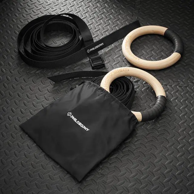 Alt view image 5 of 5 - Philosophy Gym Wood Gymnastic Rings 1.25" Grip - Exercise Ring Set with Adjustable Straps, Grip Tape for Pull Ups, Dips, Muscle Ups