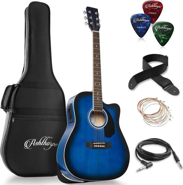 Main image of Ashthorpe Full-Size Dreadnought Cutaway Acoustic-Electric Guitar Bundle - Premium Tonewoods - Blue