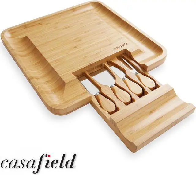 Alt view image 2 of 6 - Casafield Bamboo Cheese Board and Knife Gift Set, Wooden Charcuterie Board Meat and Cheese Platter for Entertaining, Housewarming, Birthday, Wedding