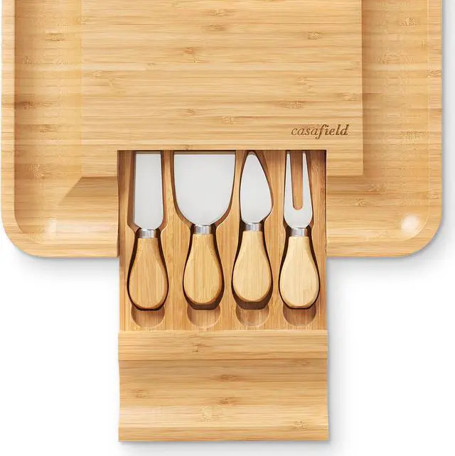 Alt view image 4 of 6 - Casafield Bamboo Cheese Board and Knife Gift Set, Wooden Charcuterie Board Meat and Cheese Platter for Entertaining, Housewarming, Birthday, Wedding