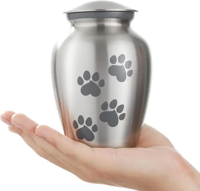 Alt view image 2 of 6 - Reminded Pet Cremation Urns for Dog and Cat Ashes, Memorial Paw Print Urn - Small Up to 35 Pounds Silver