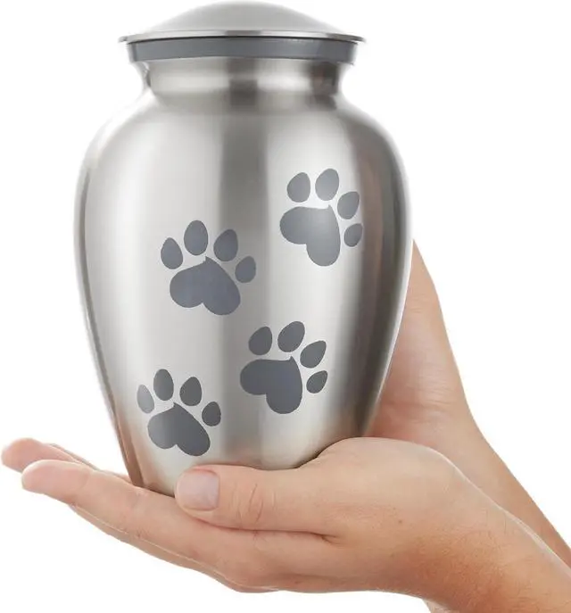 Alt view image 2 of 6 - Reminded Pet Cremation Urns for Dog and Cat Ashes, Memorial Paw Print Urn - Medium Up to 70 Pounds Silver