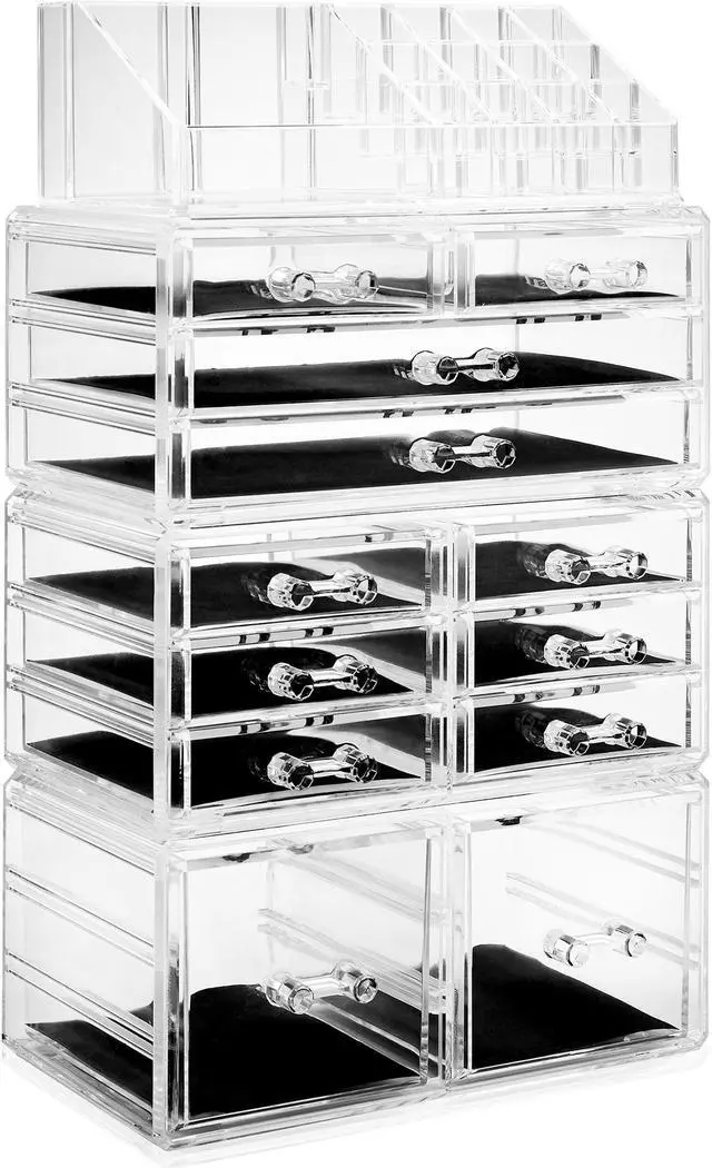 Main image of Casafield Acrylic Cosmetic Makeup Organizer & Jewelry Storage Display Case - Large 16 Slot, 2 Box & 10 Drawer Set - Clear