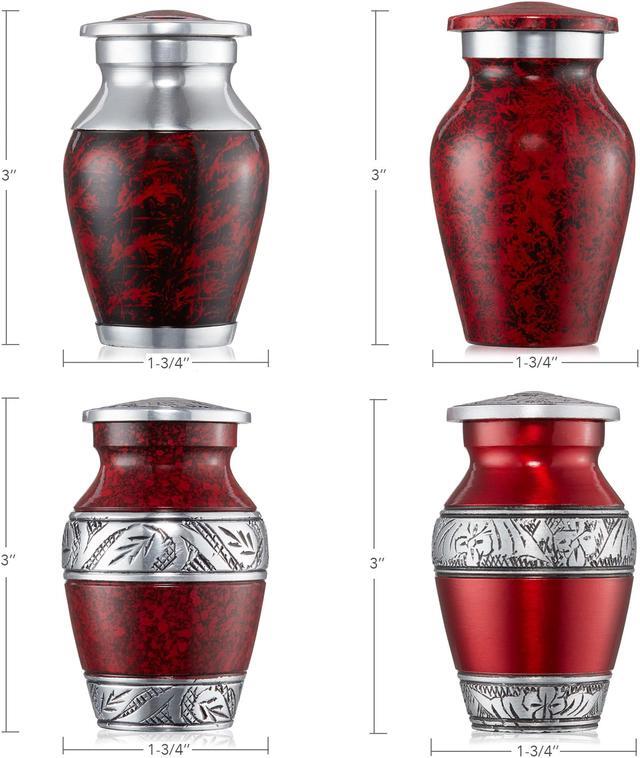 Alt view image 3 of 5 - Reminded Small Cremation Keepsake Urns for Human Ashes, Set of 4 Red and Silver Miniature Urns with Velvet Case and Bags