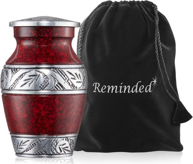 Alt view image 4 of 5 - Reminded Small Cremation Keepsake Urns for Human Ashes, Set of 4 Red and Silver Miniature Urns with Velvet Case and Bags