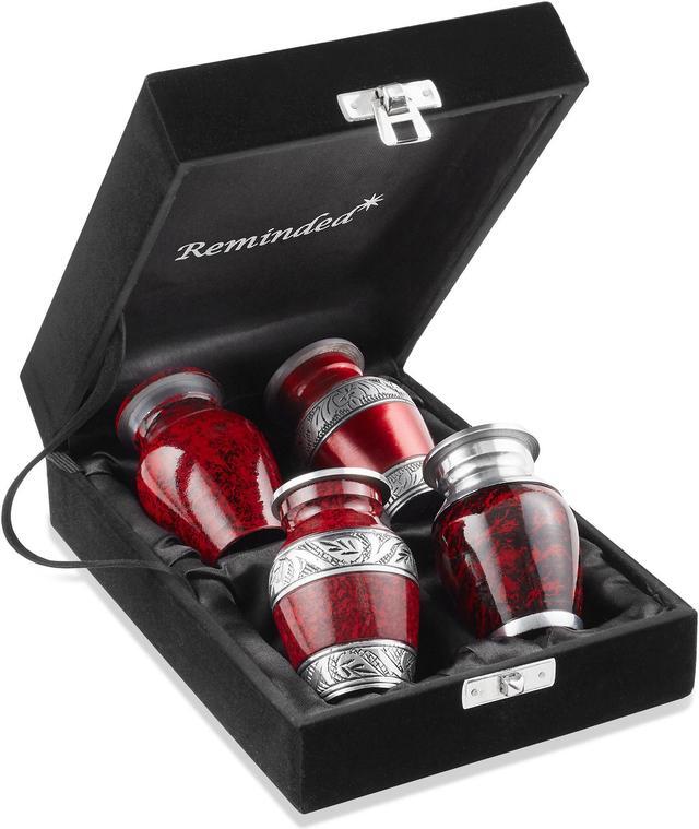 Main image of Reminded Small Cremation Keepsake Urns for Human Ashes, Set of 4 Red and Silver Miniature Urns with Velvet Case and Bags