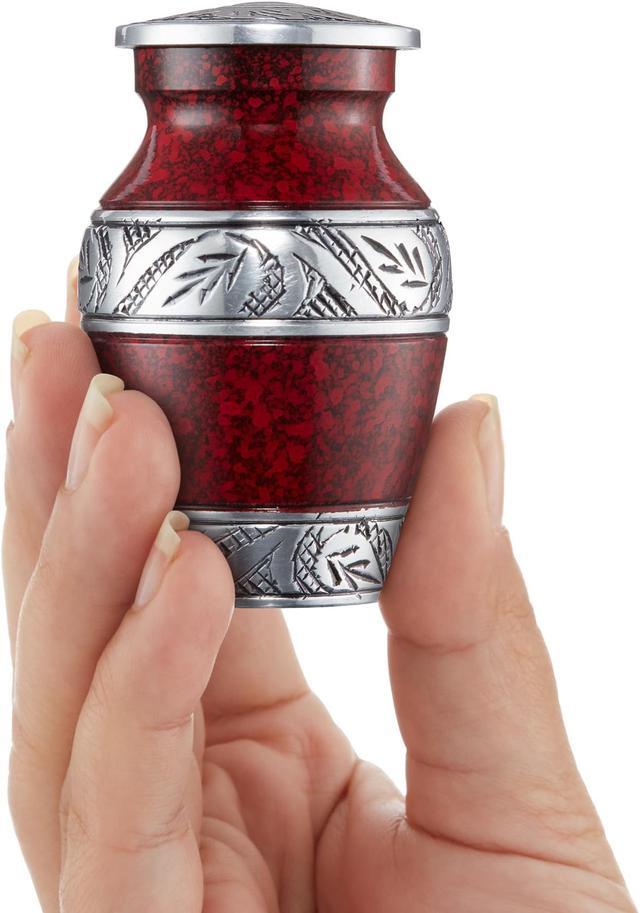 Alt view image 2 of 5 - Reminded Small Cremation Keepsake Urns for Human Ashes, Set of 4 Red and Silver Miniature Urns with Velvet Case and Bags