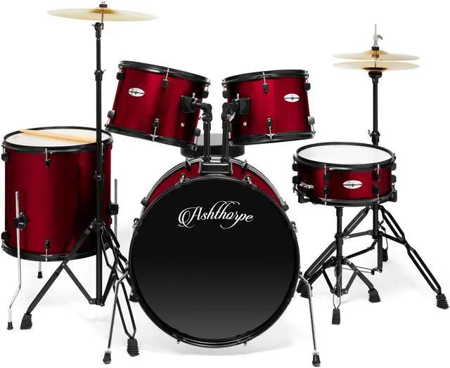 Alt view image 2 of 6 - Ashthorpe 5-Piece Complete Full Size Adult Drum Set with Remo Batter Heads - Red