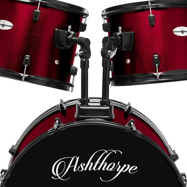 Alt view image 4 of 6 - Ashthorpe 5-Piece Complete Full Size Adult Drum Set with Remo Batter Heads - Red