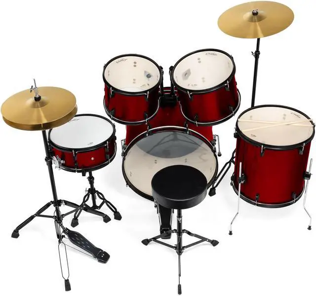Alt view image 3 of 6 - Ashthorpe 5-Piece Complete Full Size Adult Drum Set with Remo Batter Heads - Red