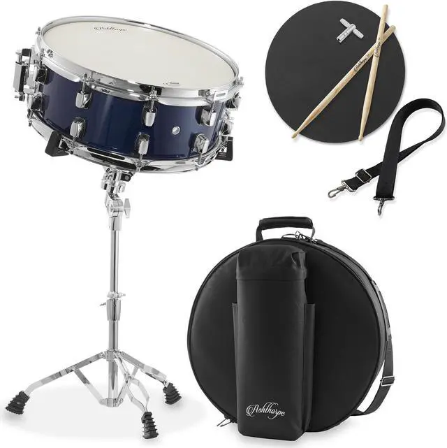 Main image of Ashthorpe Snare Drum Set with Remo Head (Blue) - Student Beginner Kit with Stand, Padded Gig Bag, Practice Pad, Neck Strap, and Sticks