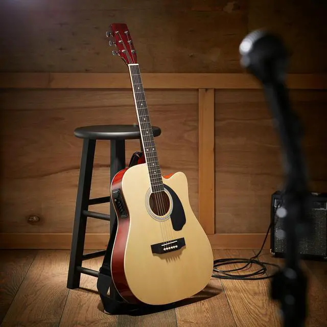 Alt view image 2 of 6 - Ashthorpe Full-Size Cutaway Thinline Acoustic-Electric Guitar Package - Premium Tonewoods - Natural