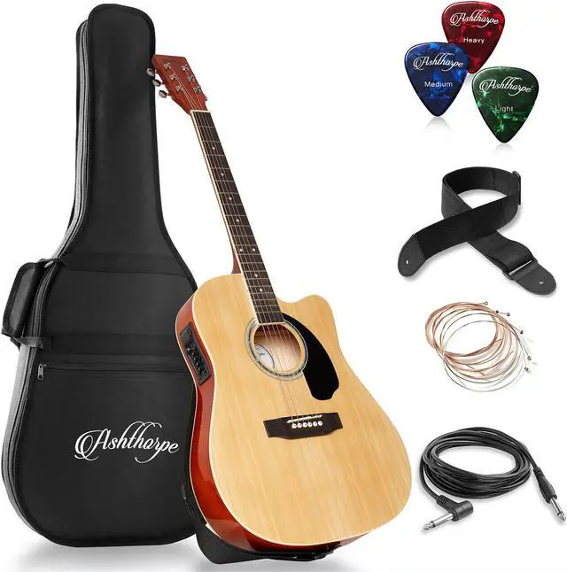 Main image of Ashthorpe Full-Size Cutaway Thinline Acoustic-Electric Guitar Package - Premium Tonewoods - Natural