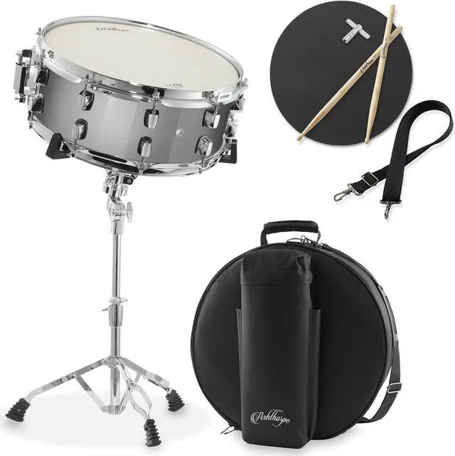 Main image of Ashthorpe Snare Drum Set with Remo Head (Silver) - Student Beginner Kit with Stand, Padded Gig Bag, Practice Pad, Neck Strap, and Sticks