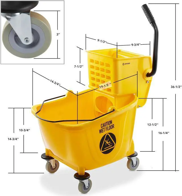 Alt view image 5 of 6 - Dryser Commercial Side Press Wringer Combo Mop Bucket, 33 Quart, Yellow