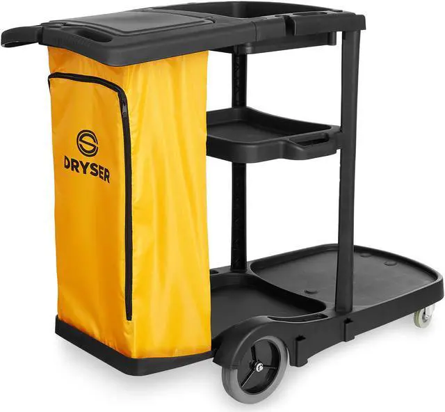 Main image of Dryser Commercial Janitorial Cleaning Cart on Wheels - Black Housekeeping Caddy with Cover, Shelves and Vinyl Bag