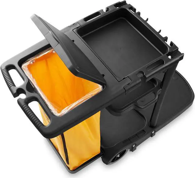 Alt view image 4 of 6 - Dryser Commercial Janitorial Cleaning Cart on Wheels - Black Housekeeping Caddy with Cover, Shelves and Vinyl Bag