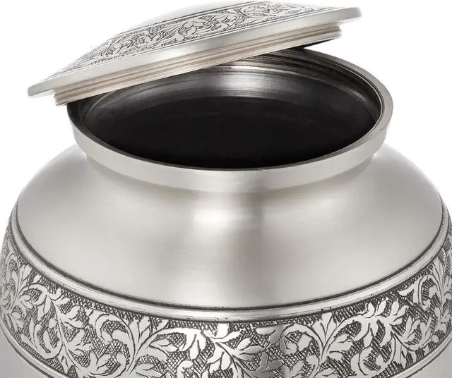 Alt view image 3 of 5 - Reminded Adult Cremation Memorial Urn for Human Ashes, Pewter Etched Cross Brass Funeral Urn with Velvet Bag