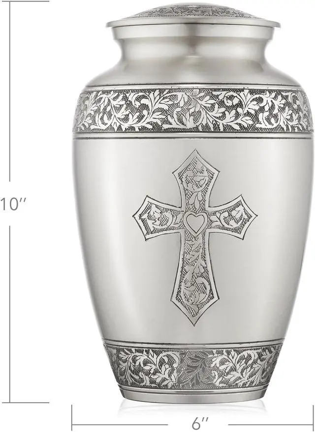 Alt view image 2 of 5 - Reminded Adult Cremation Memorial Urn for Human Ashes, Pewter Etched Cross Brass Funeral Urn with Velvet Bag
