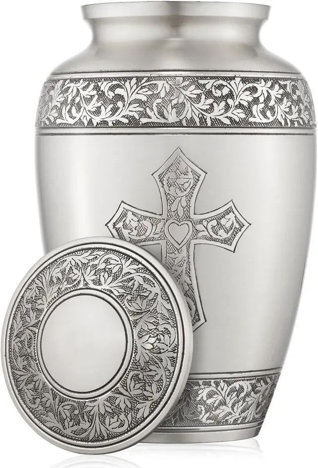 Alt view image 5 of 5 - Reminded Adult Cremation Memorial Urn for Human Ashes, Pewter Etched Cross Brass Funeral Urn with Velvet Bag
