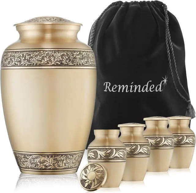 Main image of Reminded Set of 5 Floral Cremation Urns for Human Ashes - 1 Adult + 4 Keepsake Token Size, Gold