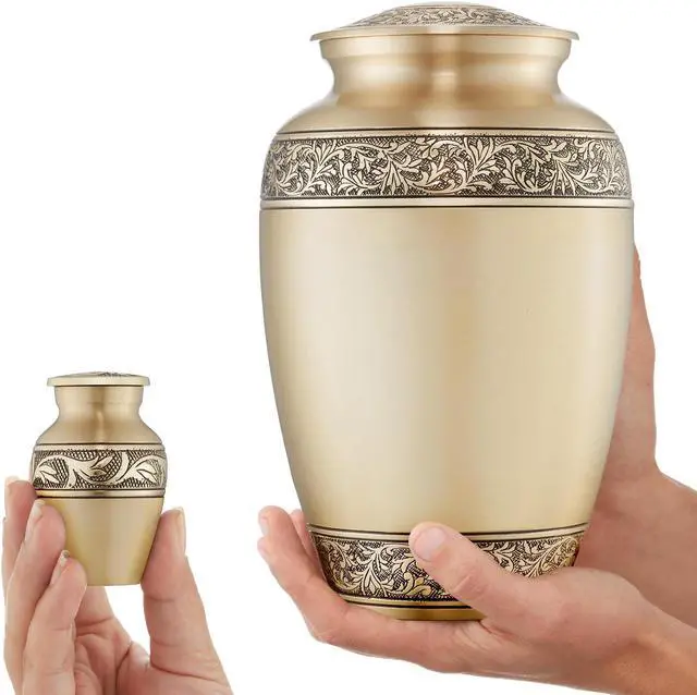 Alt view image 3 of 6 - Reminded Set of 5 Floral Cremation Urns for Human Ashes - 1 Adult + 4 Keepsake Token Size, Gold